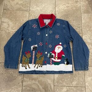 Vintage Tantrums Christmas Jean‎ Shirt Santa Claus buttons down Women’s size M